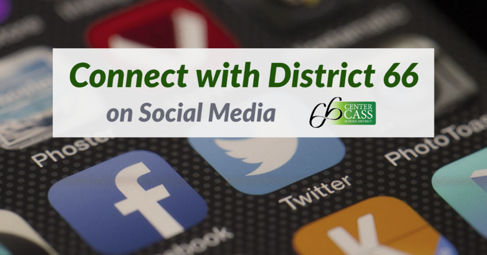 picture of phone apps in background that reads connect with District 66 on social media