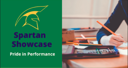 Spartan head and child writing that reads Spartan Showcase Pride in Performance