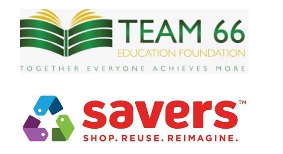 book and recycle symbol that reads Team 66 education foundation, together everyone acheives more, and savers, shop, reuse, reimagine