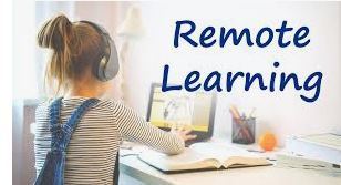 girl with headphones in front of book and computer that reads remote learning