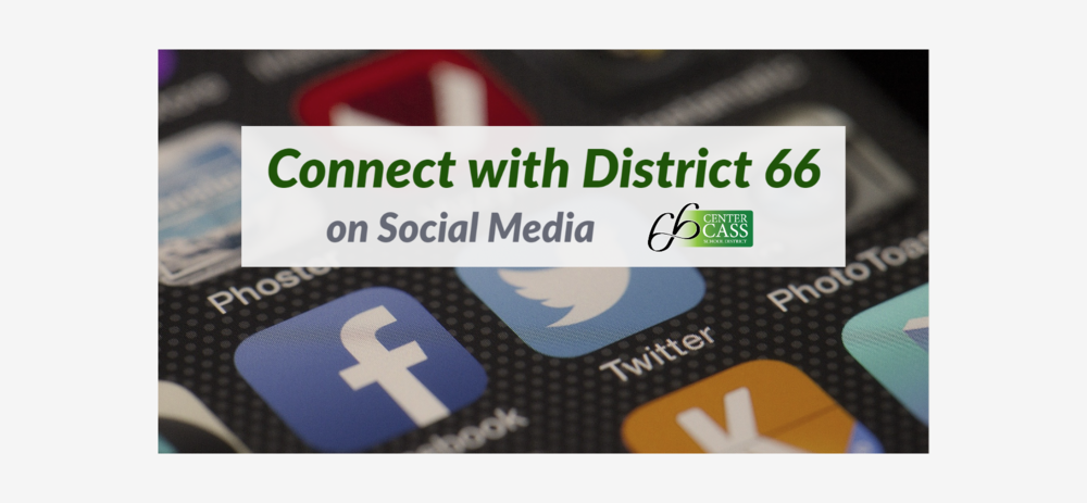 picture of phone apps in background that reads connect with District 66 on social media