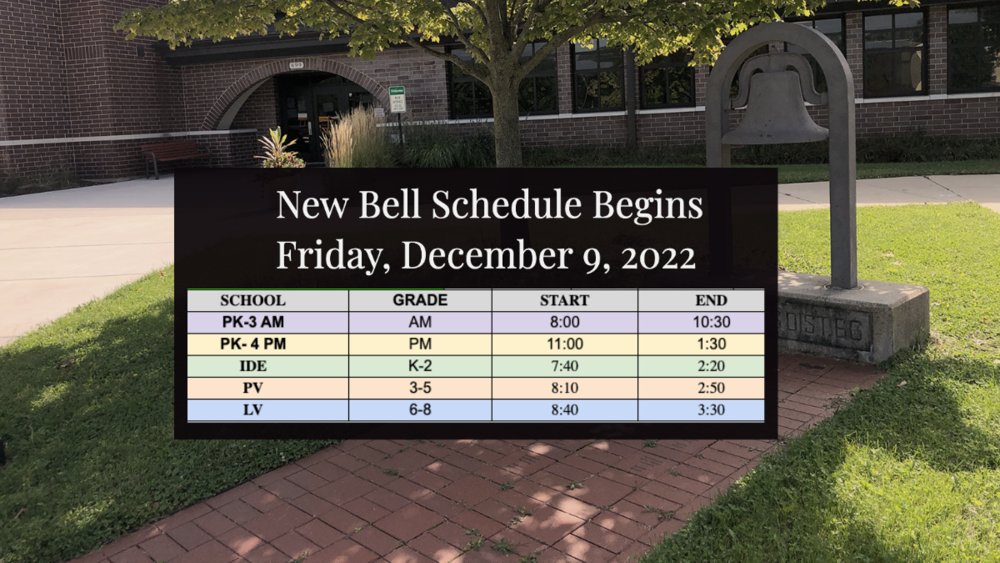 Bell with words New bell schedule begins Friday, December 9, 2022