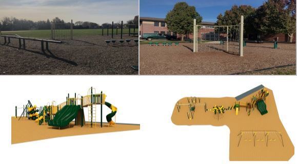 2 pictures of old playground equipment and 2 rendered pictures of new playground equipment with slides and swings