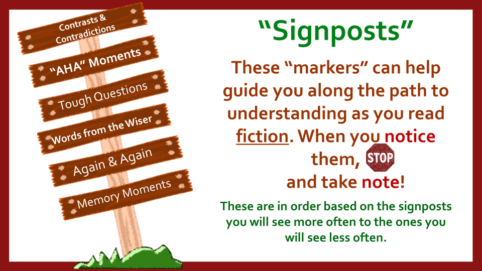 Signposts markers can guide you along the path to understanding as you read fiction