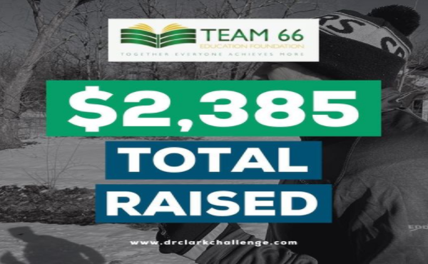 TEAM 66 logo with man in hat that reads $2,385 total raised www.drclarkchallenge.com